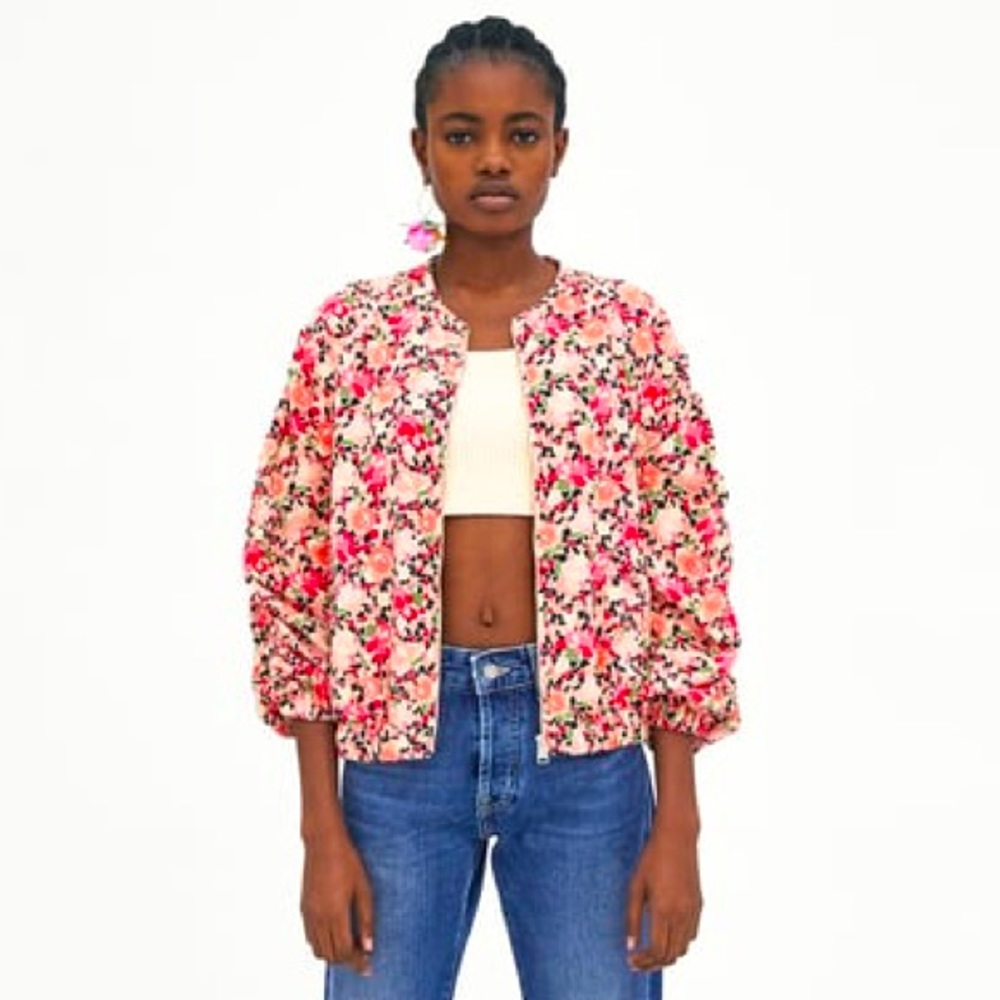 Zara Floral Print Bomber Light Jacket Ruched Sleeves Pink Size M NEW